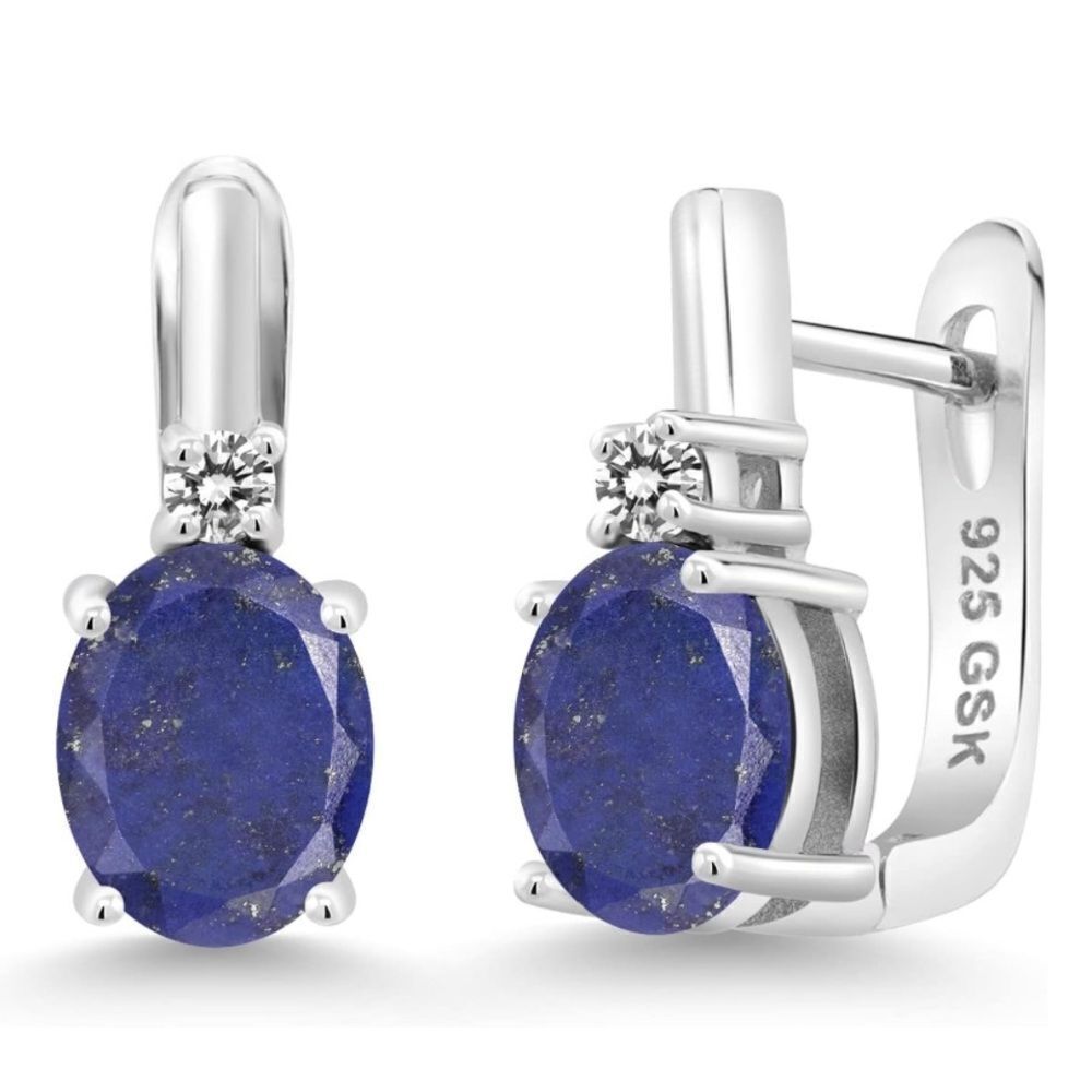 925 Sterling Silver with 4.13 Cttw Lapis Lazuli and White Diamond Oval Earrings